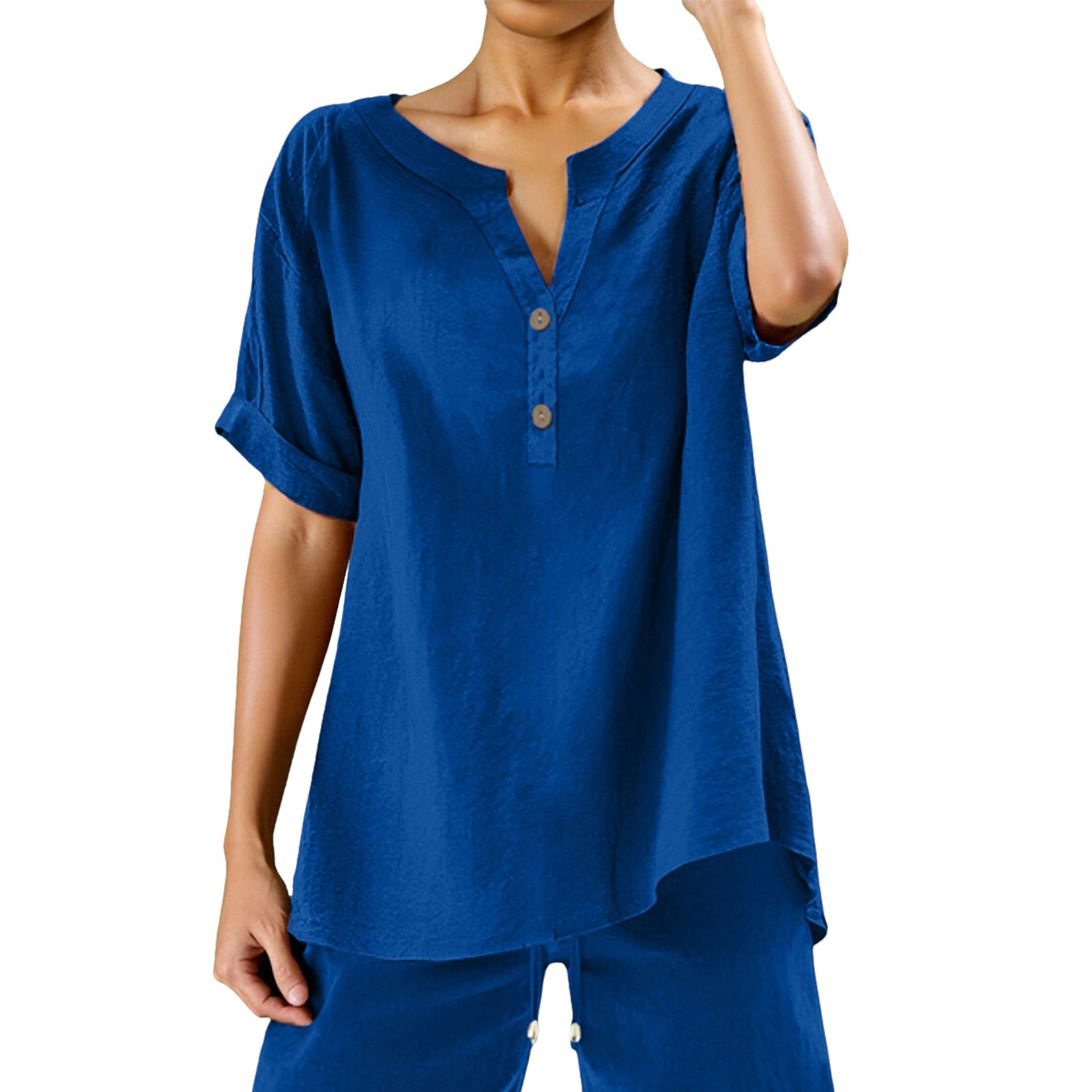 thumbnail image 1 of Blusa holgada con botones para mujer: manga corta, cuello en V, color liso, camisa informal para uso diario/trabajo, tallas S/XXXXXL., 1 of 2